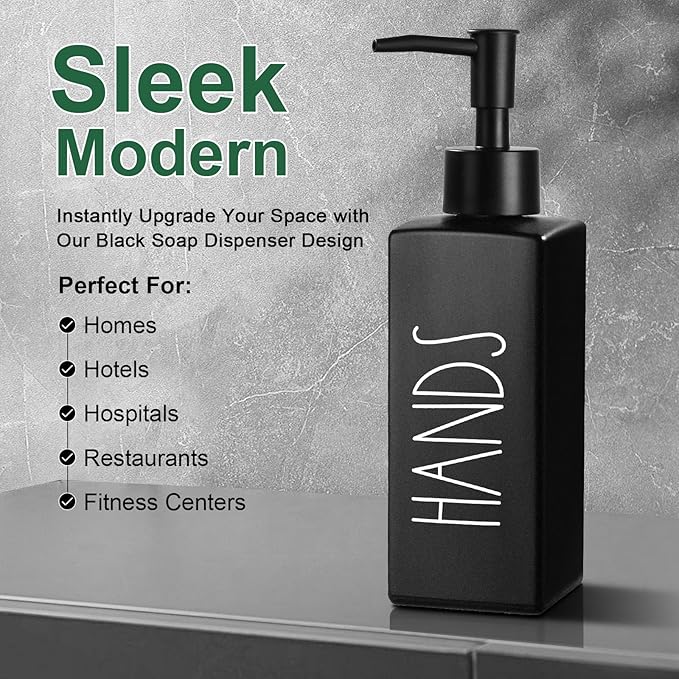 Hand Soap Dispenser, Matte Black Soap Dispenser for Bathroom, Glass Hands Liquid Dispenser with Pump, Farmhouse Soap Bottle Dispenser, Refillable Soap Bottle for Bathroom Decor, 12.3fl oz
