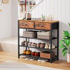 usikey Shoe Rack, 4 Tier Shoe Storage Organizer with 2 Drawers, Metal Shoe Shelf for 9-12 Pairs of Shoes, with 3 Oxford Fabric Shelves and Wooden Top, Shoe Stand for Entryway, Rustic Brown UNYXJX012F