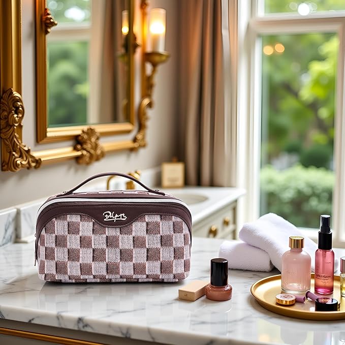 BOYATU Travel Makeup Bag for Women: Large Cosmetic Bag Set of 3 - PU Leather Make up Bag with Compartments - Compact Waterproof Toiletry Bag with Divider & Handle (D-3-Brown)