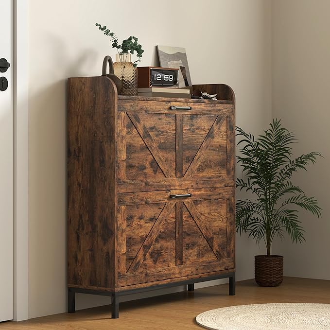 HOMCOM Shoe Storage Cabinet with 2 Flip Drawers, Legs, Farmhouse Freestanding Narrow Shoe Cabinet, Slim Hidden Rack Organizer for Entryway, Hallway, Rustic Brown Wood Grain