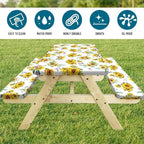 Sunflower Picnic Table Cover with Bench Covers, Summer Farmhouse Outdoor Table Covers with Elastic Camping Tablecloth for Party Essentials, Vintage Floral Rectangular Picnic Tablecloth Cover