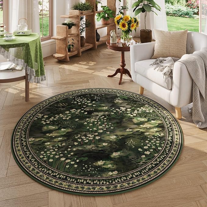 Rugcomf Circle Rug Impressionist-Style Vintage Round Rug 6ft Non Slip Low Pile Small Circular Rug for Bedroom Bathroom Entryway Kids Room Office College Dorm, Green