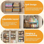 Hanging Closet Organizer with DIY Spacing, Double-Row Closet Hanging Shelves with 4 Adjustable Dividers & 6 Hooks, Heavy Duty Metal Closet Storage Organizer with Front Guard, Split into 2 Units