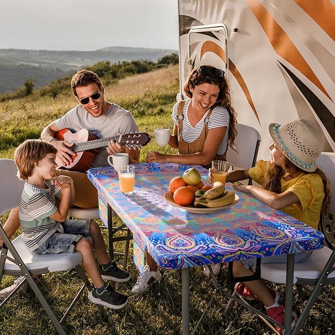 72x30 Picnic Table Cover with Bench Covers Reusable Polyester Camping Tablecloths for Outdoors Camp Trailer Stuff Traveling Road Trip Necessities Retirement Boho Summer Fall Party Decorations