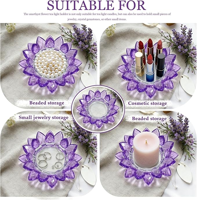 Crystal Flower Jewelry Tray, Transparent Decorative Trinket Dish for Rings, Earrings, Necklaces, Keys for Vanity Dresser Nightstand, Elegant Gift for Women Mother's Day (2, 6.3"(W)- Purple)