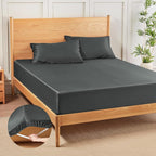MR&HM Fitted Sheet & Pillowcase Set Queen, 3-Piece Blend Rayon Derived from Bamboo, Silky Soft & Breathable, 15" Deep Pocket with Elastic Straps, Cooling Sheets for Hot Sleepers, Dark Grey