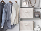 StorageWorks Fabric Storage Bins with Lid, Decorative Storage Boxes for Shelves, Stackable Closet Organizer Basket with Handles, Large, Khaki and Beige Stripes, 2-Pack