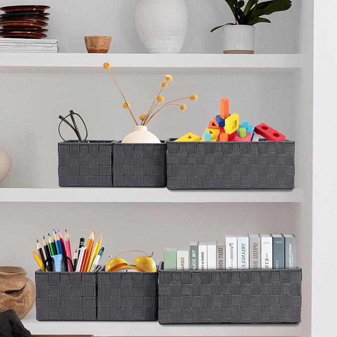 Posprica Woven Storage Baskets for Organizing 6 Pack, Large&Small Storage Cube Bins Set for Bathroom, Storage Boxes Container for Drawer, Closet, Shelf, Dresser, Dark Grey