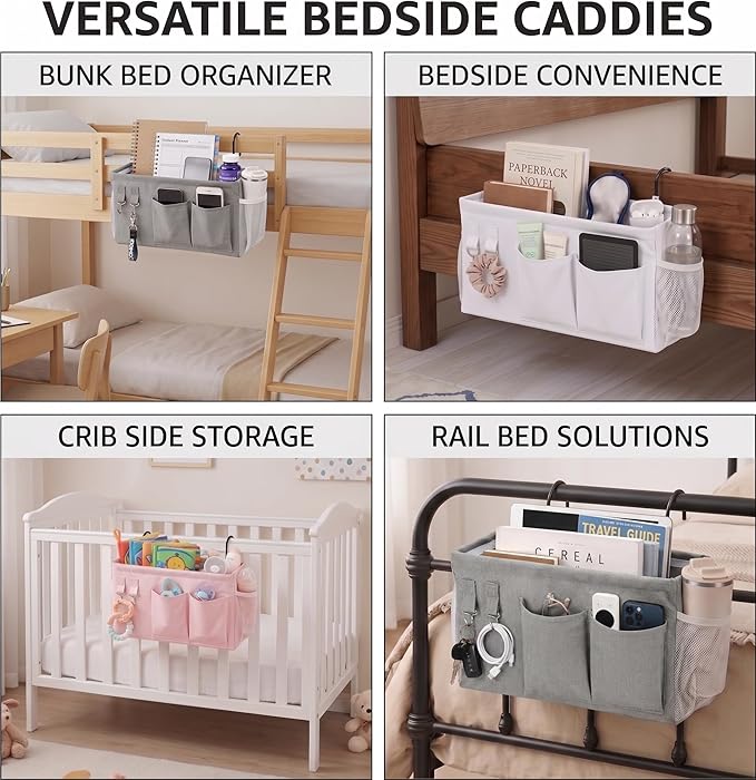 2pc Bedside Caddy Organizer with Hooks, No-Sagging Canvas Hanging Bed Pocket with Water Bottle Holder, Bedside Storage for Dorm Room Essentials, Bunk Bed Accessories, Hospital Bed Rails & Crib (white)