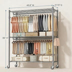 Homdox Rolling Clothes Rack Heavy Duty, 3-Tier Adjustable Wire Shelving Garment Organizer with Double Rods & Hooks, Portable Clothes Rack with Wheels, 17.72" D x 47.24" W x 80.71" H, Grey