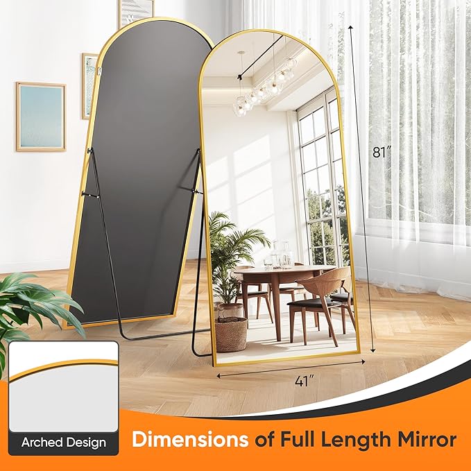 Suidia Full Length Mirror, 81"x41" Floor Standing Mirror Freestanding, Full Body Mirrors with Stand for Bedroom, Hanging Mounted for Living Room Cloakroom, Gold, Arched Style