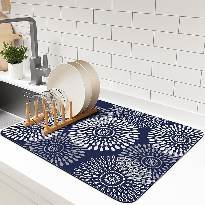 LuxStep Dish Drying Mat Super Absorbent Kitchen Counter Mat Rubber Backing Draining Mat Easy to Clean Kitchen Accessories Dish Rack Pad for Dishes, Utensils, Countertops, Sinks 15" x 18" Blue