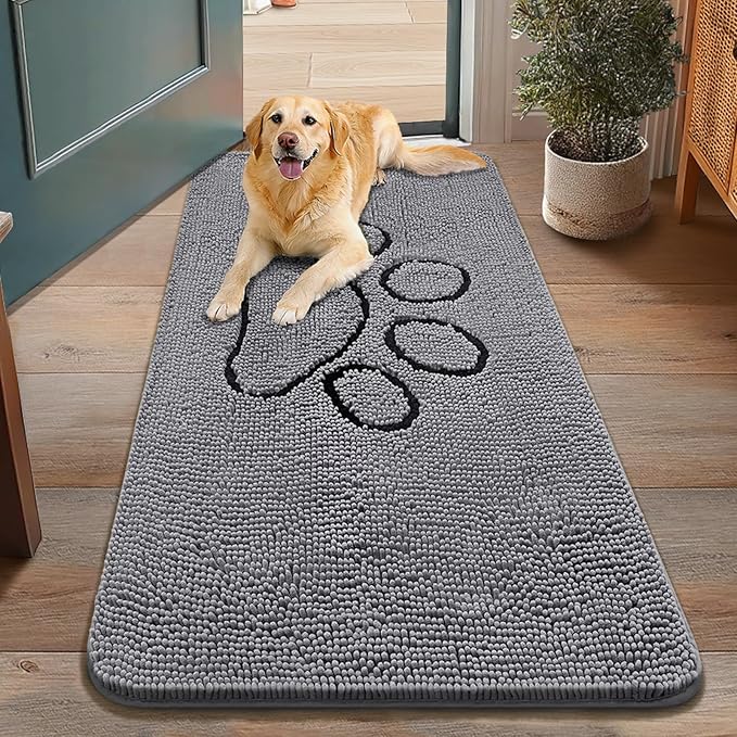 Smiry Dog Door Mat for Muddy Paws, Absorbent Dirt Trapper Non Slip Quick Dry Washable Chenille Mat for Mud Dogs, Entry Rug for Indoor and Outdoor (48x30 Inches, Grey and Black)