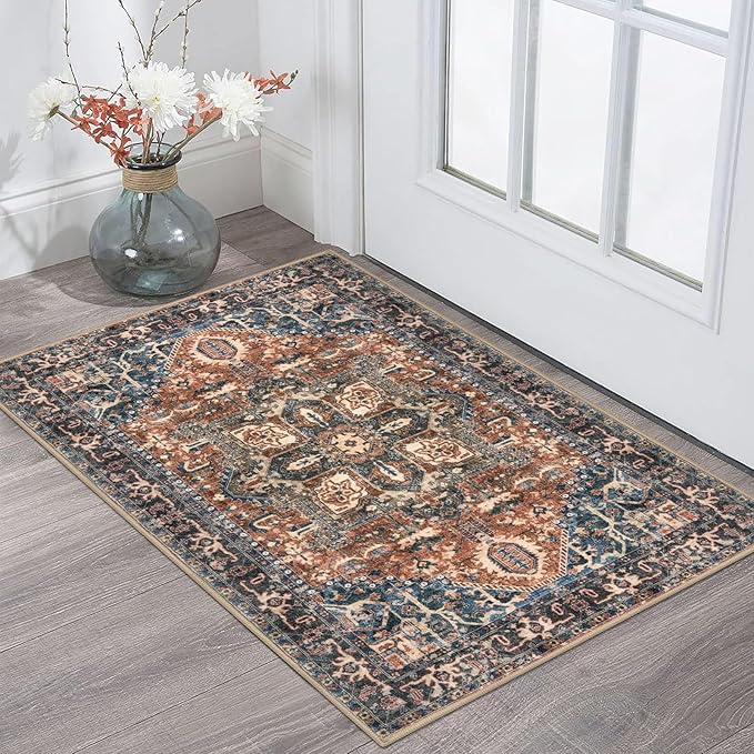KOZYFLY Small Area Rug 2x3 Ft Rugs for Entryway Washable Boho Entry Rug Non Slip Door Mat Indoor Entrance Faux Wool Vintage Printed Kitchen Rug Throw Rugs for Entrance Kitchen, Red/Navy Blue/Brown