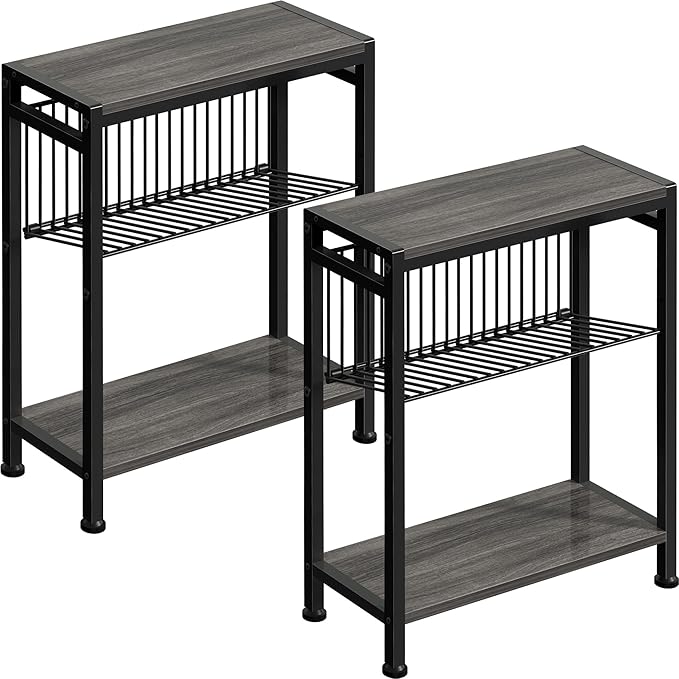 End Table Set of 2 for Small Space, 3-Tier Narrow Side Table with Magazine Holder,Slim Nightstand, Skinny Snack Couch Table in Living Room, Bedroom Study and Balcony (Grey)