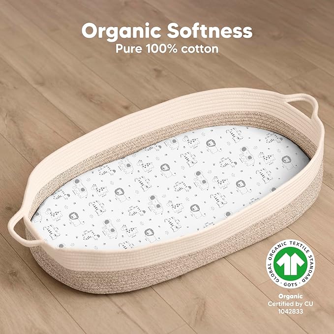 2-Pack Organic Bassinet Sheets for Girls, Boys - 100% Cotton Bassinet Mattress Sheets Compatible with Halo Bassinest Swivel Sleeper, Graco, Baby Delight, Chicco, Fitted Bassinet Sheets (KeaSafari)