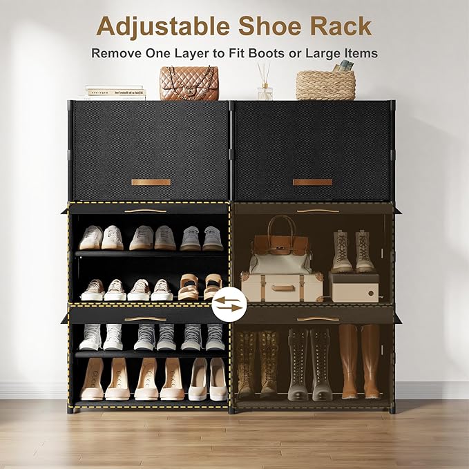 Shoe Storage Cabinet with Door, 42 Pairs Shoe Rack 2 by 7 Tier Space Saving Plastic Shoe Organizer with Cover for Closet, Hallway, Living Room, Bedroom, Garage, Black