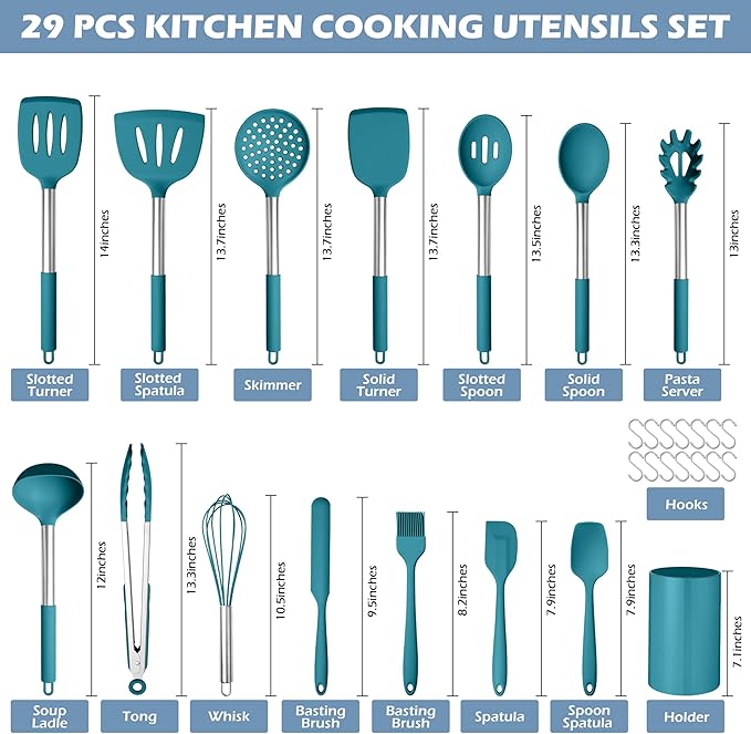 HaWare 29 PCS Silicone Cooking Utensils Set, Heat Resistant Kitchen Utensils Set with Stainless Steel Handle, Spatula Sets with Holder and Hooks, Kitchen Tools Gadgets for Nonstick Cookware -Blue