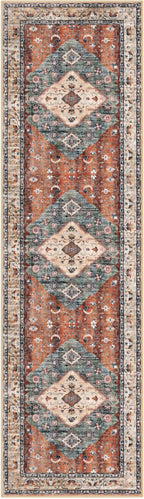 KOZYFLY Long Runners for Hallways 3x10 Ft Washable Kitchen Runner Rug Boho Runner Rug for Entryway Indoor Rust/Orange/Blue Printed Oriental Faux Wool Stair Floor Carpet Runner for Stair Kitchen Hall