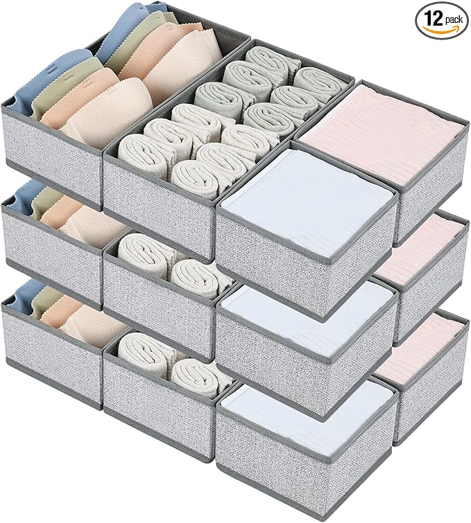 DIMJ Drawer Organizers for Clothing, Set of 12 Dresser Drawer Organizers, Fabric Closet Organizers and Storage, Drawer Dividers for Baby Clothes, Socks, Belt, Tie (Blended)