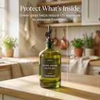Verspace UV-Protected Green Glass Olive Oil Dispenser Bottles For Kitchen - 2 Pack - 17oz Includes 40 Kitchen Essential Labels, Avocado Oil Dispenser Set, Modern Decor for Home, Airbnb, Cafe