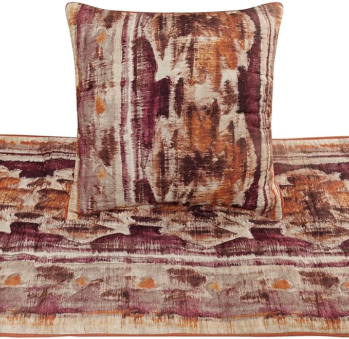 The HomeCentric King Queen Twin Pink & Orange Designer King 90"x18" Bed Runner with Pillow Cover, Ikat & Quilted Bed Scarf on Cotton Printed Fabric - Ikat Splash