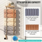 31" Towel Racks for Bathroom, Heavy-Duty Stainless Steel Holds 6 Large Rolled Towels,Wall Mounted Towel Holder with Shelf & Hooks,Extra-Wide Opening Wall Storage for Small Bathroom, Brushed Gold