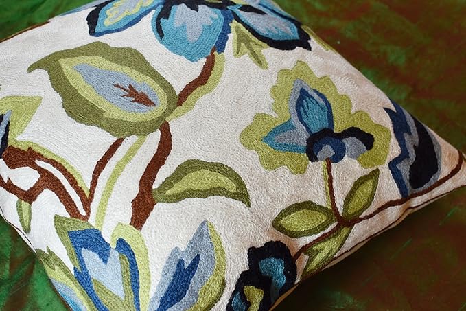 Modern Cream Decorative Floral Pillow Cover Needlepoint White Flower Hand Embroidered Pillowcase Flowery Outdoor Suzani Accent Cushion Boho Chair Modern Chair Pillowsham Wool Size 18x18