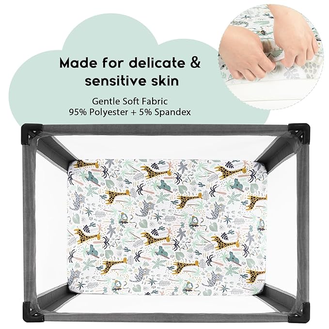 Yoofoss Pack and Play Sheets Fitted, Mini Crib Sheets 2-Pack for Pack N Play Mattress, Stretchy Playard Sheet, Soft and Breathable Green+Giraff