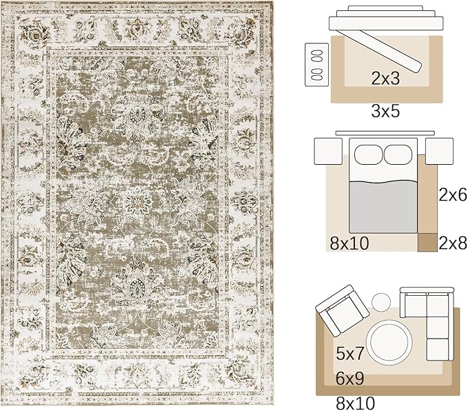 jinchan Fiora Floral 2x3 Rugs for Entryway - Vintage Washable Small Non-Slip Distressed Indoor Doormat Ultra-Thin Low-Pile Accent Rug for Entrance Kitchen Bedroom Bathroom (2x3ft, Taupe)