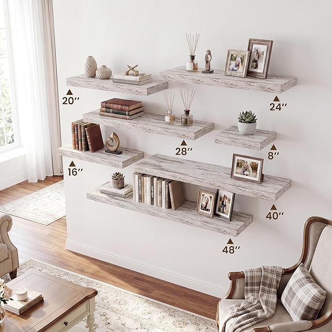 RICHFOCUS 28Inch Floating Shelves for Wall 2 Pack Shelves for Bedroom|Kitchen|Bathroom|Laundry Room Rustic Wood Wall Mounted Shelf with Invisible Brackets for Books|Storage|Decor, Rustic White
