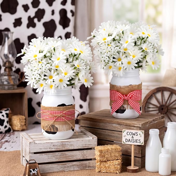 Daifunli 6 Set Cow Party Centerpieces for Table Cow Print Mason Jar Table Decor with Artificial Daisy Baby's Breath Red Gingham Ribbon for Picnic Farm Birthday Party Baby Shower Wedding Decor