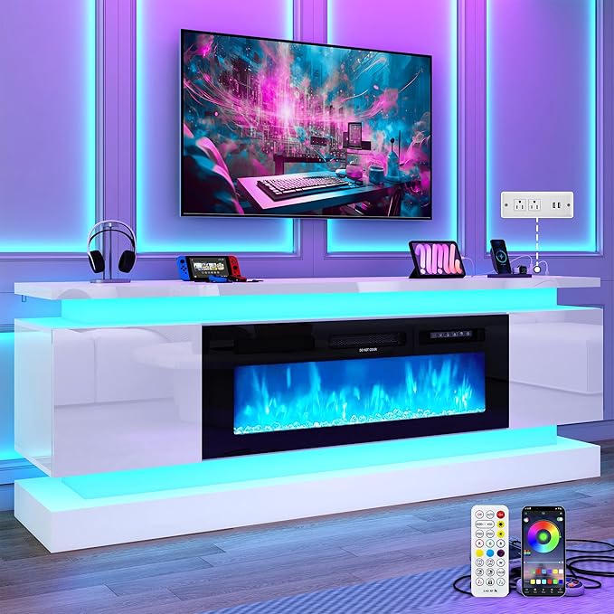chartustriable 71IN LED TV Stands w/40 inch Fireplace Power Outlet for 85/80/75 Inch TVs,High Glossy Modern TV Media Console Gaming with 2 Storage Cabinets,Dual LED Lights,White