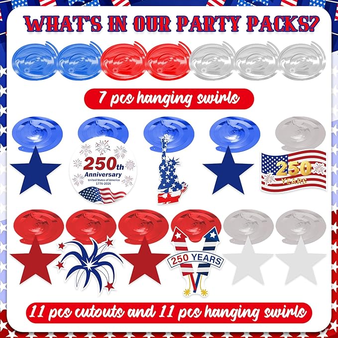 USA 250th Anniversary Decorations Hanging Swirls - 29 Pcs United States 250 Anniversary Ornament Ceiling Hanging Streamers for American 250 Year Anniversary Party Supplies