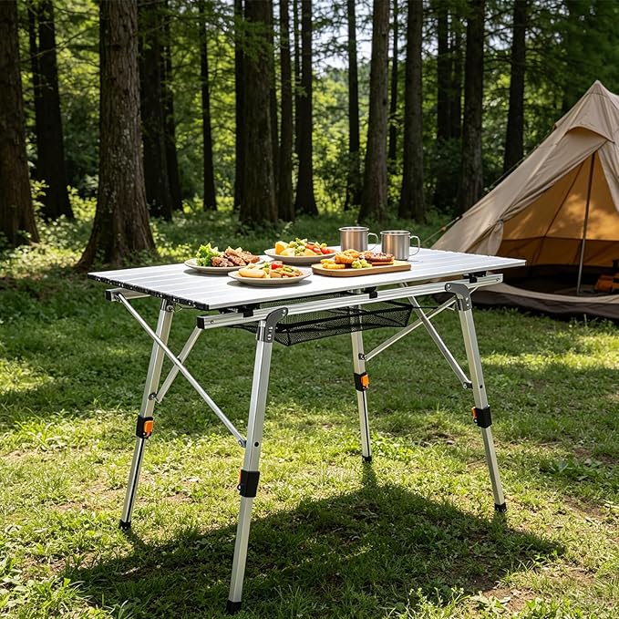 JOUYEK Folding Outdoor Camping Table with Adjustable Legs, Lightweight Aluminum Roll Up Camp Table with Carrying Bag, Mesh Storage Organizer, for Cooking, Picnic, Beach, Backyards, BBQ, Party