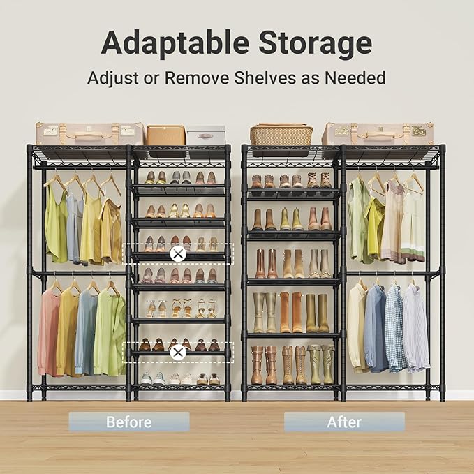 VIPEK S2 Heavy Duty Clothes Rack with Shoe Shelves Freestanding Clothing Rack with 8-Tier Shoe Rack, Double Hanging Rod, Adjustable Shelf, Walk in Closet Organizer Garment Rack, Black