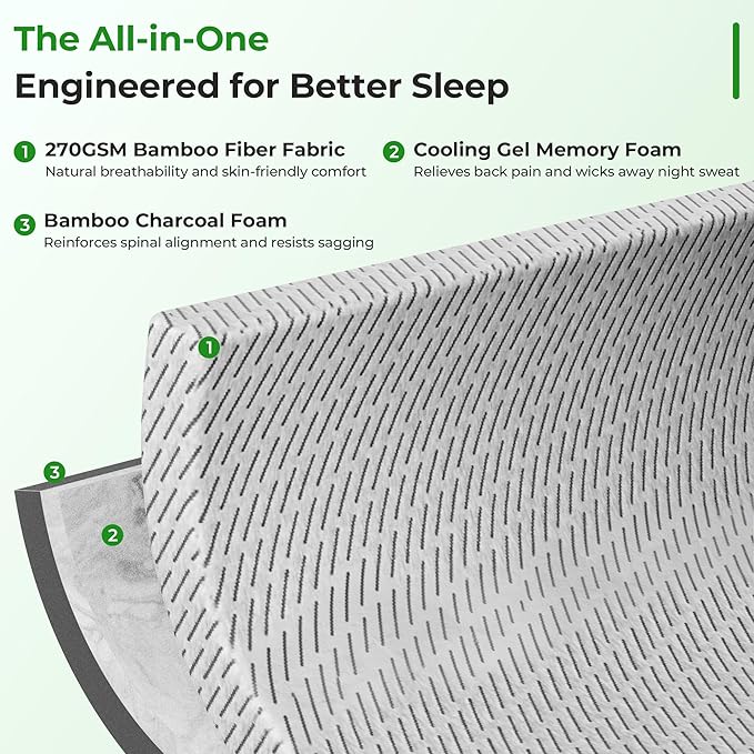 Firm Mattress Topper Queen Size 3 Inch, Cooling Gel & Bamboo Charcoal Memory Foam Mattress Topper for Back Pain Relief, Bamboo Dual-Layer Foam Bed Pad with Removable Cover