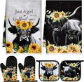 Leinuosen 6 Sunflower Cow Kitchen Towels Kitchen Decor and Accessories Set Floral Plant Oven Mitts and Pot Holders Sets Farmhouse Absorbent Dish Towels for Cooking Baking Grilling