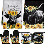Leinuosen 6 Sunflower Cow Kitchen Towels Kitchen Decor and Accessories Set Floral Plant Oven Mitts and Pot Holders Sets Farmhouse Absorbent Dish Towels for Cooking Baking Grilling