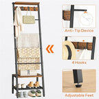 HOOBRO Blanket Ladder, 7-Tier Giraffe Shape Towel Rack for Living Room and Bedroom, 63.4" H Decorative Ladder Shelf with Hooks, Metal Frame, Industrial Style, Rustic Brown and Black BF13CJ01