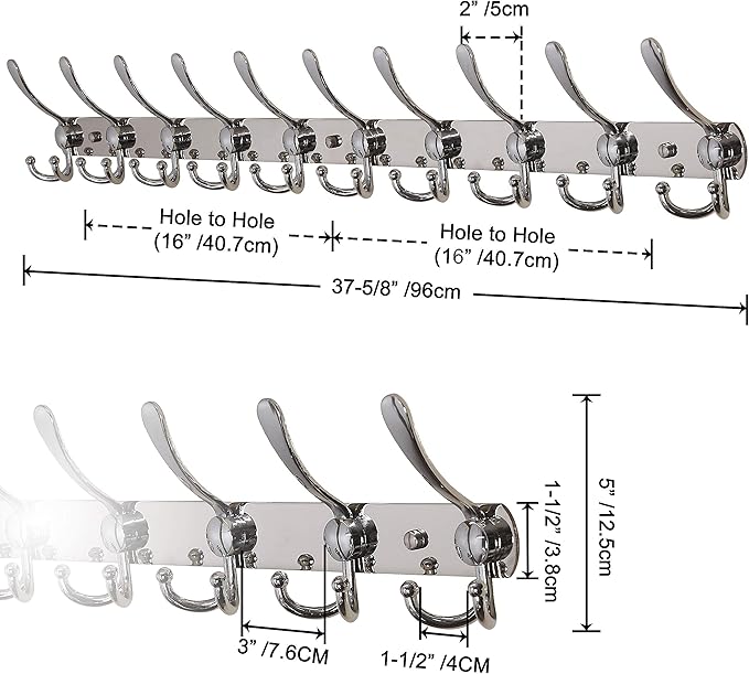 Dseap Coat Rack Wall Mount - 38” Long 10-Tri-Hooks Heavy Duty Coat Hanger Rail Wall Hooks for Hanging Coats Hats Clothing Clothes Purse Mudroom Entryway, Chromed