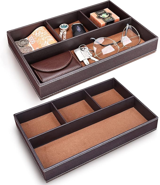 GORESE 2 Pieces Faux Leather Valet Tray for Men, Stackable Jewelry Trays for Drawers, Mens Dresser Top Organizer for Key, Wallet, Sunglass, Watch, Coin, Phone, Nightstand Bedside Tray Brown