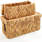 Patelai 2 Pack Scalloped Cable Management Box, Handwoven Water Hyacinth Cord Cable Organizer Box with Lid, 2 Open Slots Cord Basket for Power Strips & TV Wires, Desk, Floor, Office (Natural Color)