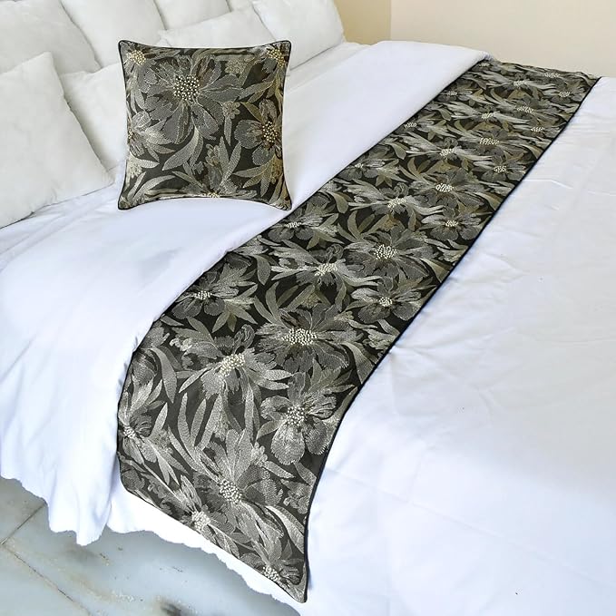 The HomeCentric King/Queen/Twin Grey Decorative Bed Runner Queen 74"x18" Bed Runner Without Pillow Cover, Embroidery, Floral, Pearl Bed Scarf on Jacquard Fabric - Liana
