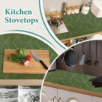 Shelf Liners for Kitchen Cabinets 12in x 20FT, Non Adhesive Cabinet Liner Strong Non-Slip Thickened Gold Green Geometric Drawer Liner, Easy to Clean for Shelf, Cabinet with Knife and Tape Measure