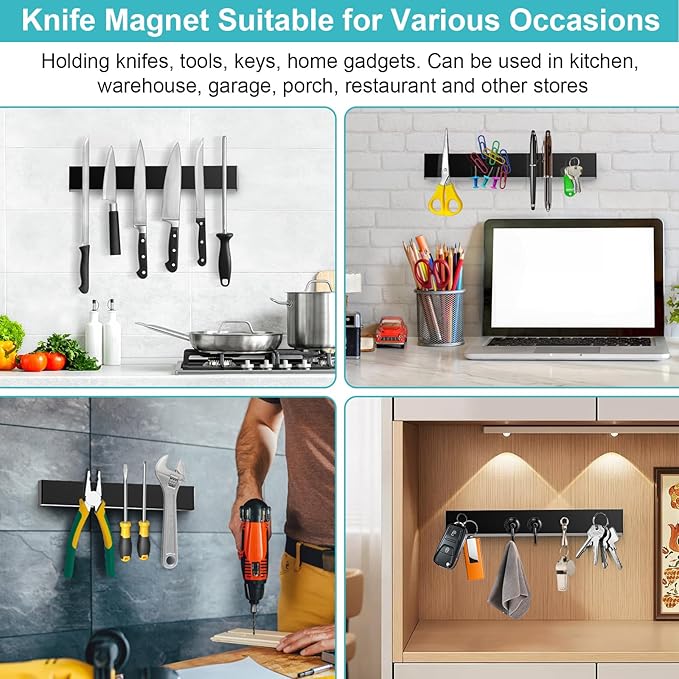 Knife Magnetic Strip With 3 Hooks, 14" Magnetic Knife Holder for Wall Mount Fridge Refrigerator, No Drill Knife Magnet Tool Holder Bar Adhesive Backing, Kitchen Organizer Knives Block RV Accessories