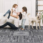 Washable Rugs 5x7 Area Rugs for Living Room, Thin Carpet for Bedroom, Soft Faux Wool Retro Dining Room Rug，Non Slip&Non-Shedding Resistant Low Pile Vintage Print Rug for Home Office (Grey)