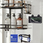 Over the Door Shower Caddy Hanging, Rustproof Shower Shelves with Waterproof Phone Pouch, 2-Tier Adjustable Bathroom Organizers and Storage, No Drilling Shower Shelf, Black Shampoo Soap Holder