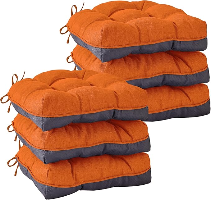 Chair Cushions for Dining Chairs, Seat Cushions for Kitchen Chairs, Indoor Seat Cushions with Ties, Tufted Foam Chair Pads, Non Slip Chair Cushions Set of 6, 15.5" x 15.5" x 4", Orange