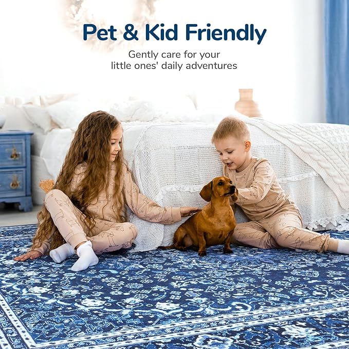 Lessymo Area Rugs 9x12 Living Room- Large Area Rug Machine Washable Area Rug for Bedroom Living Room, Vintage Rugs Boho Floral Medallion, Non-Slip Rubber, Low Pile, Kid & Pet Friendly, Blue White